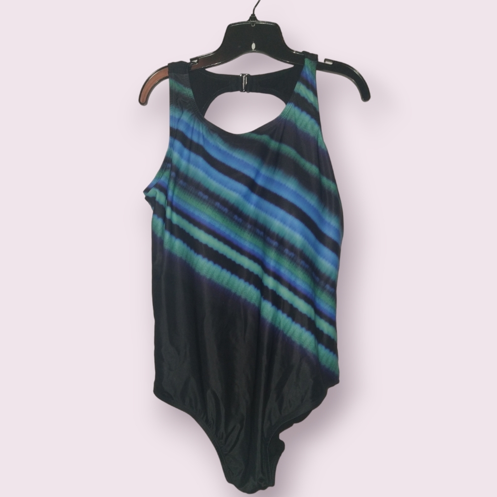 Women's Black One-Piece Swimsuit with Blue-Green Stripes